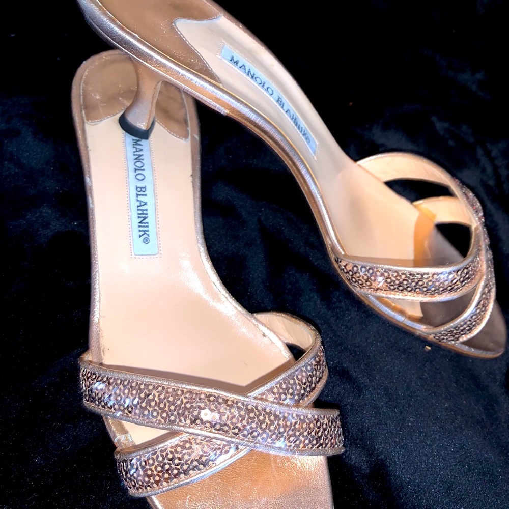 Manolo Blahnik Rose Gold Sequin Kitten Heels, New